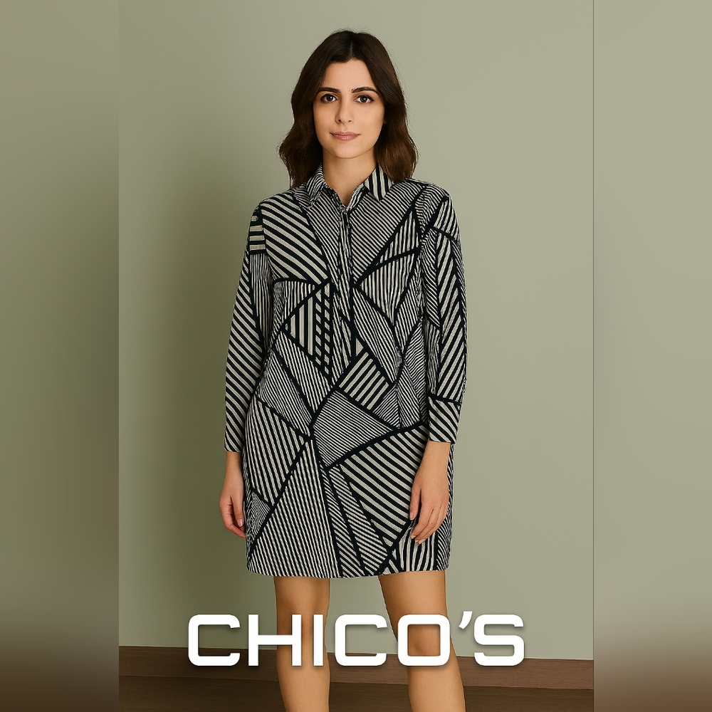 CHICOS Office Siren Black White Geometric Striped Button‎ Down Tunic Dress(#271)